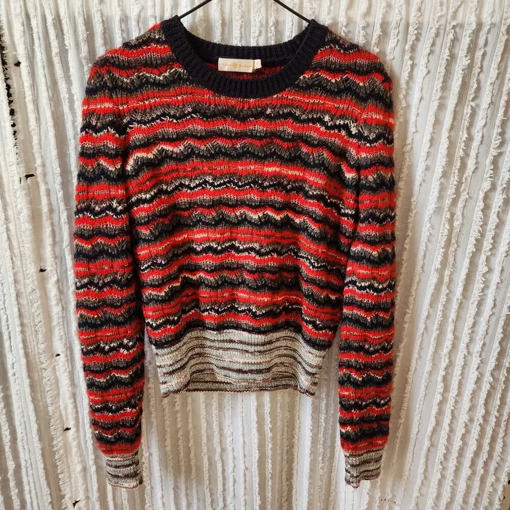 Tory Burch Sz M Metallic Stripe Sweater Mohair Wool Blend Top Red Blue Designer - Picture 2 of 9